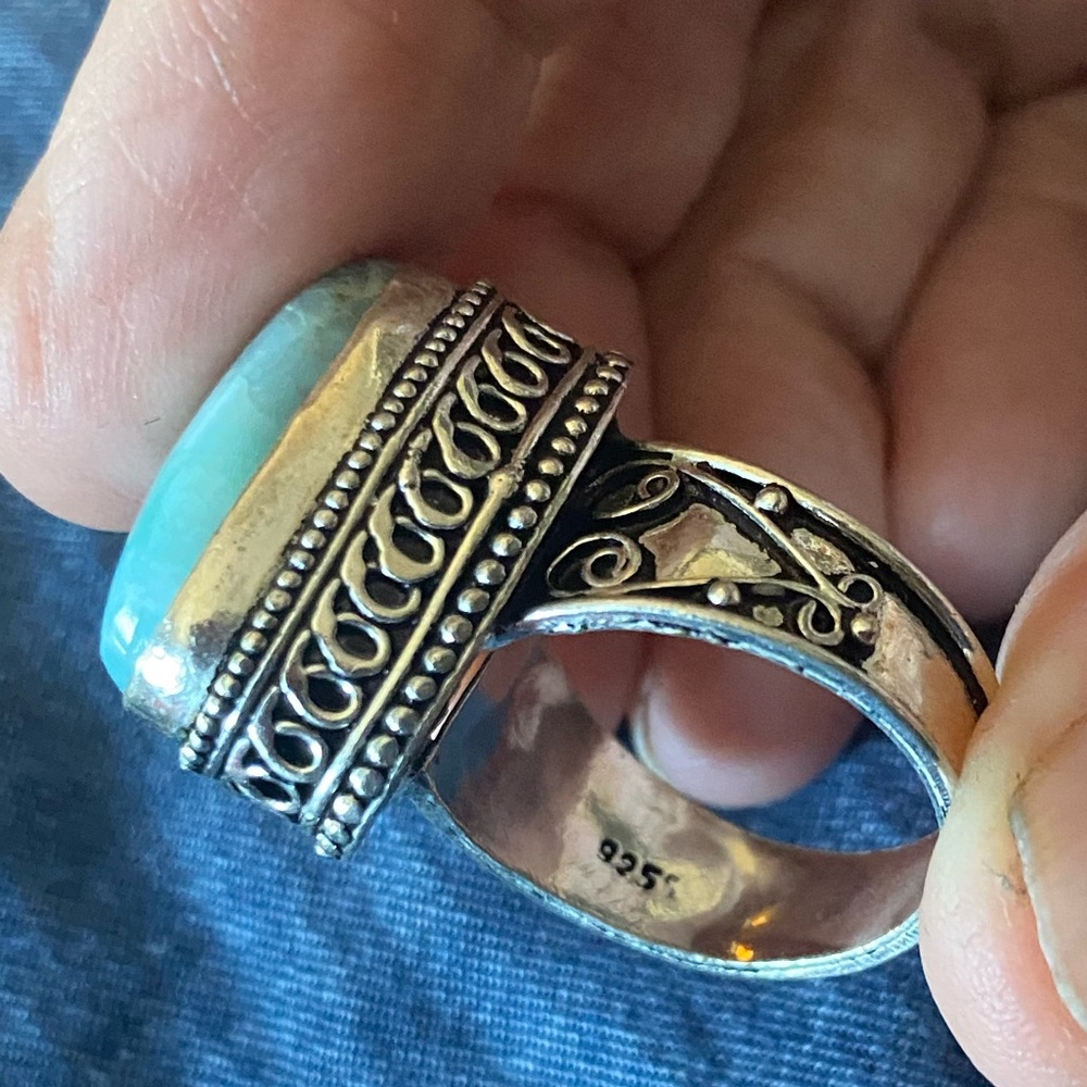 Vintage-Larimar & Sterling Silver Handcrafted Ring Size 9 - Picture 7 of 14